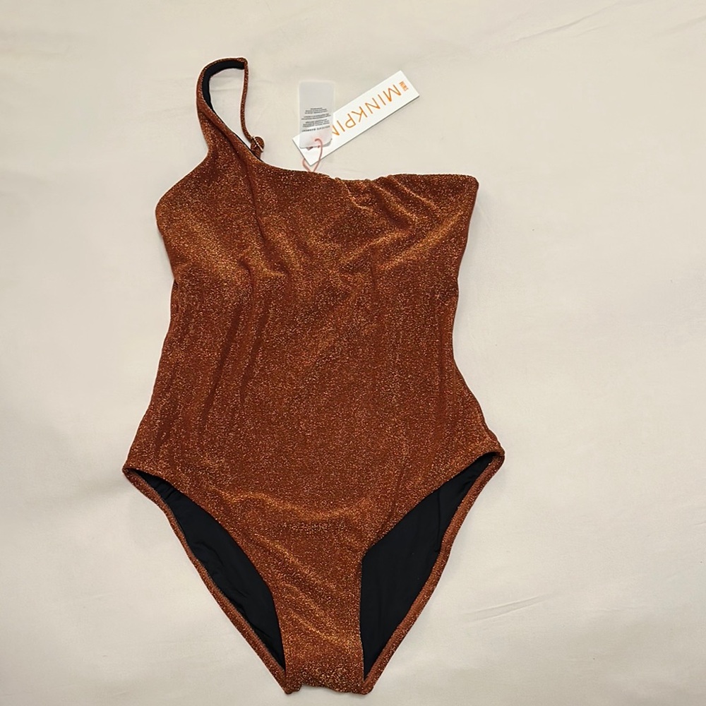 MINKPINK One-Shoulder Copper Shimmer Swimsuit NWT